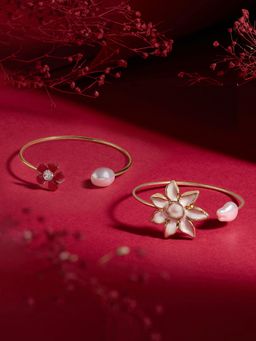 Zaveri Pearls - Pack of 2 Pink White Enamel Flowers Contemporary Cuff-ZPFK22363