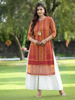 Juniper - Mustard Chiffon Ethnic Motif Printed Straight Kurta with Tie-Ups