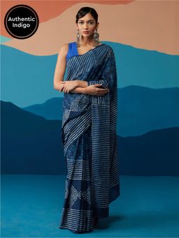 Likha - Indigo Saga Blue Cotton Hand block Print Bagru Saree with Unstitched Blouse LIKSAR61