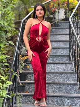 Tandul - Velvet Sleeveless Tie Up Neck Bodycon Self Design Jumpsuit