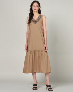 Sands of India - Cotton A-Line Sleeveless V-Neck Solid Midi Dress
