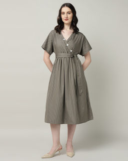 Sands of India - Cotton A-Line Half Sleeves V-Neck Stripes Midi Dress with Belt