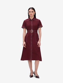 Strong And Brave - Cotton Linen A-Line Half Sleeves Collar Neck Solid Midi Dress with Belt