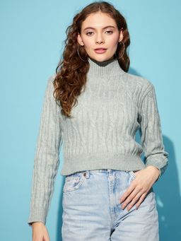 STREET 9 - Grey Acrylic Full Sleeves High Neck Textured Sweater
