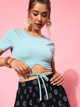 STREET 9 - Cotton Half Sleeves Round Neck Solid Crop Top