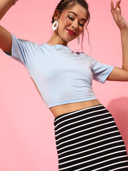 STREET 9 - Cotton Half Sleeves Round Neck Solid Crop Top