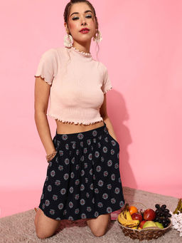 STREET 9 - Cotton Half Sleeves High Neck Solid Crop Top