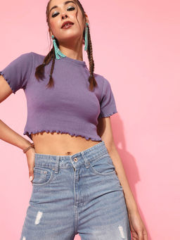 STREET 9 - Cotton Half Sleeves High Neck Solid Crop Top
