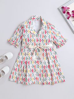 The Magic Wand - Girls Off White Polyester Abstract Dress with Belt