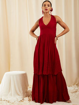 InWeave - Maroon Lace Work Backless Kurta Sharara (Set of 2)