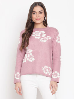 Madame - Floral Print Round Neck Casual Women Purple Sweater