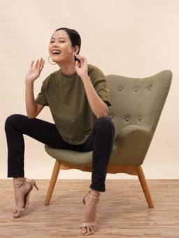 Twenty Dresses by Nykaa Fashion - Basics Oversized Love Olive Green T-shirt