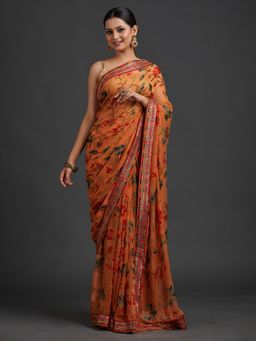 Koskii - Orange Sequins Georgette Designer Saree with Unstitched Blouse