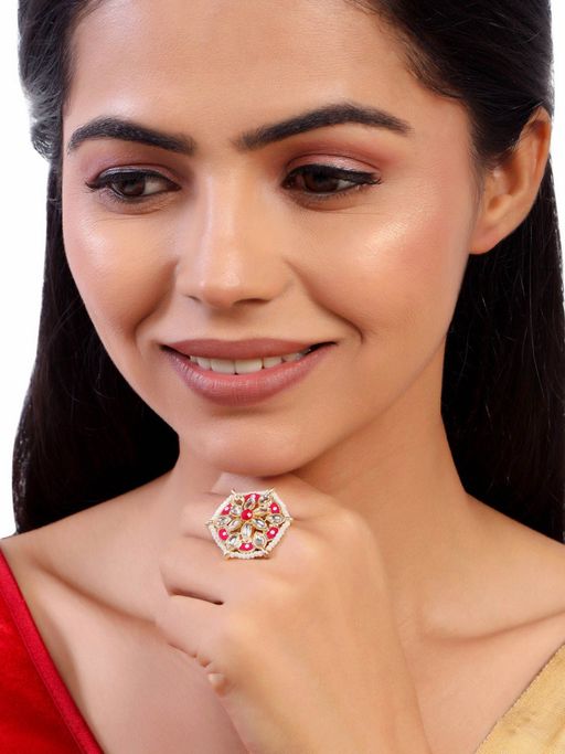 Accessher Statement Kundan Finger Ring with Enamel Work and Pearl Beads Embellishment