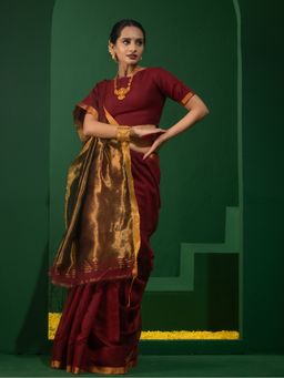 Triyah - Wine Cotton Saree with Silver and Bronze Pallu with Unstitched Blouse