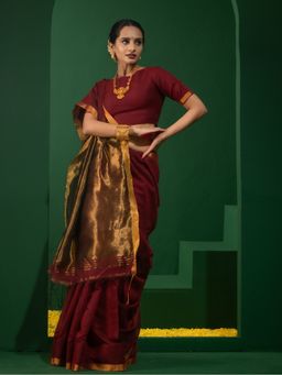 Triyah - Wine Cotton Saree with Silver and Bronze Pallu with Unstitched Blouse