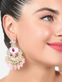 Zaveri Pearls - Pink Meenakari Lotus Crescent Kundan & Beads Dangle Earring-ZPFK15391