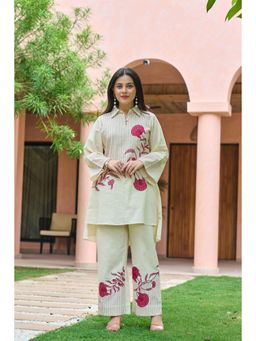 WOOMN - Womens Cotton Embroidered Pink Co-Ord Set
