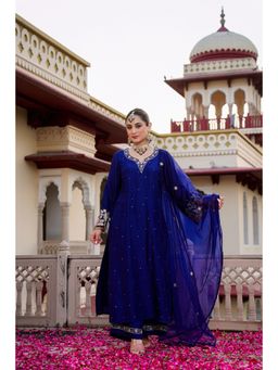WOOMN - Womens Silk Embroidered Blue Anarkali Kurta with Palazzo and Dupatta