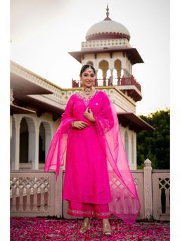 WOOMN - Womens Silk Embroidered Pink Kurta with Palazzo and Dupatta
