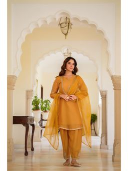 WOOMN - Womens Tissue Embellished/Sequined Gold Kurta with Salwar Pant and Dupatta