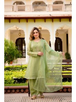 WOOMN - Womens Tissue Embellished/Sequined Green Kurta with Salwar Pant and Dupatta