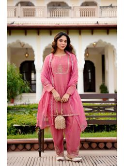 WOOMN - Womens Tissue Embellished/Sequined Pink Kurta with Salwar Pant and Dupatta