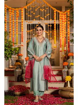 WOOMN - Womens Silk Embroidered Blue Kurta with Pant and Dupatta