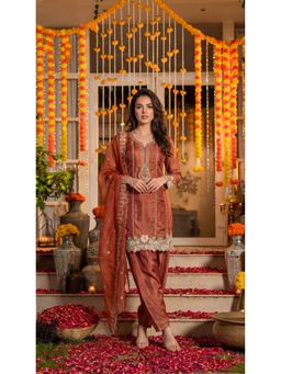 WOOMN - Womens Tissue Embroidered Brown Kurti with Salwar Pant and Dupatta