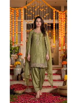 WOOMN - Womens Tissue Embroidered Green Kurti with Salwar Pant and Dupatta