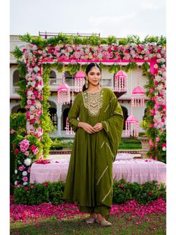 WOOMN - Womens Silk Embellished/Sequined Green Anarkali Kurta with Pant and Dupatta