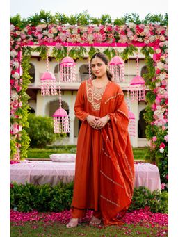 WOOMN - Womens Silk Embellished/Sequined Rust Anarkali Kurta with Pant and Dupatta