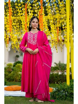 WOOMN - Womens Silk Embroidered Pink Anarkali Kurta with Pant and Dupatta