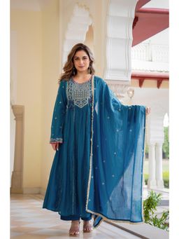 WOOMN - Womens Silk Embroidered Blue Anarkali Kurta with Pant and Dupatta