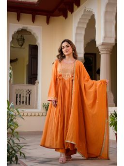 WOOMN - Womens Silk Embroidered Orange Anarkali Kurta with Pant and Dupatta