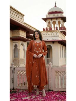 WOOMN - Womens Cotton Embroidered Brown Anarkali Kurta with Pant and Dupatta
