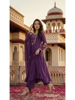 WOOMN - Womens Cotton Embroidered Purple Anarkali Kurta with Pant and Dupatta