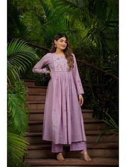 WOOMN - Womens Mulmul Embroidered Purple Anarkali Kurta with Pant and Dupatta