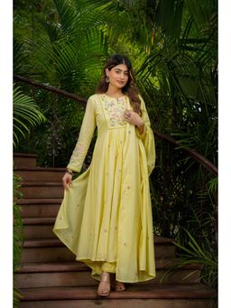 WOOMN - Womens Mulmul Embroidered Yellow Anarkali Kurta with Pant and Dupatta