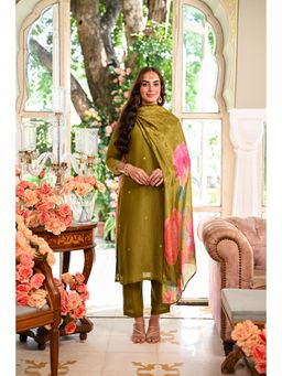 Mahee Jaipur - Womens Tissue Embellished/Sequined Olive Kurta with Pant and Dupatta