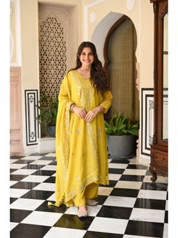 Mahee Jaipur - Womens Chanderi Embroidered Yellow Kurta with Pant and Dupatta