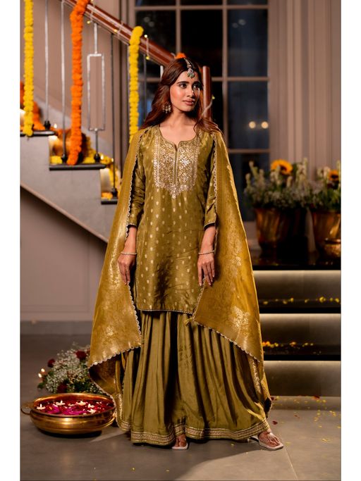 Mahee Jaipur Womens Banarasi Embellished/Sequined Olive Kurti with Sharara and Dupatta