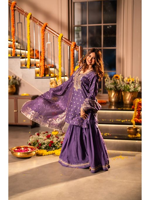 Mahee Jaipur Womens Banarasi Embellished/Sequined Purple Kurti with Sharara and Dupatta
