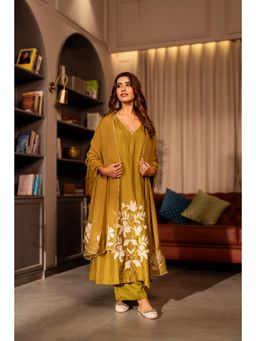 Mahee Jaipur - Womens Silk Floral Green Kurta with Palazzo and Dupatta