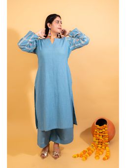 KARIGAR - Womens Cotton Embroidered Blue Kurta with Palazzo