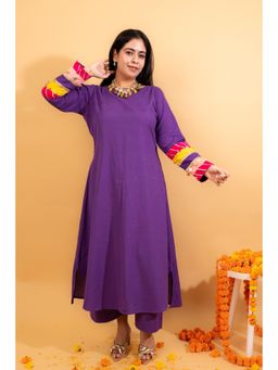 KARIGAR - Womens Cotton Embroidered Purple Kurta with Palazzo