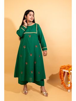 KARIGAR - Womens Cotton Embroidered Green Kurta with Palazzo