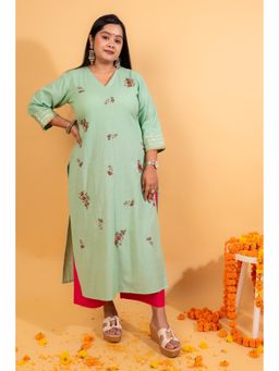 KARIGAR - Womens Cotton Embroidered Green Kurta with Palazzo