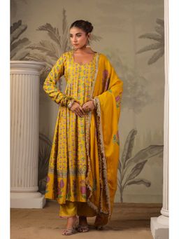 Mahee Jaipur - Womens Cotton Floral Yellow Anarkali Kurta with Pant and Dupatta