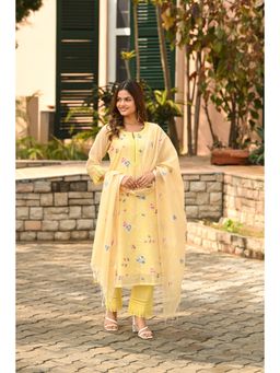 Mahee Jaipur - Womens Kota Floral Yellow Kurta with Pant and Dupatta